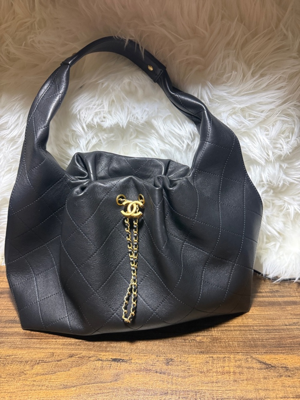 Black Quilted Leather Shoulder Bag with Gold Chain Detail